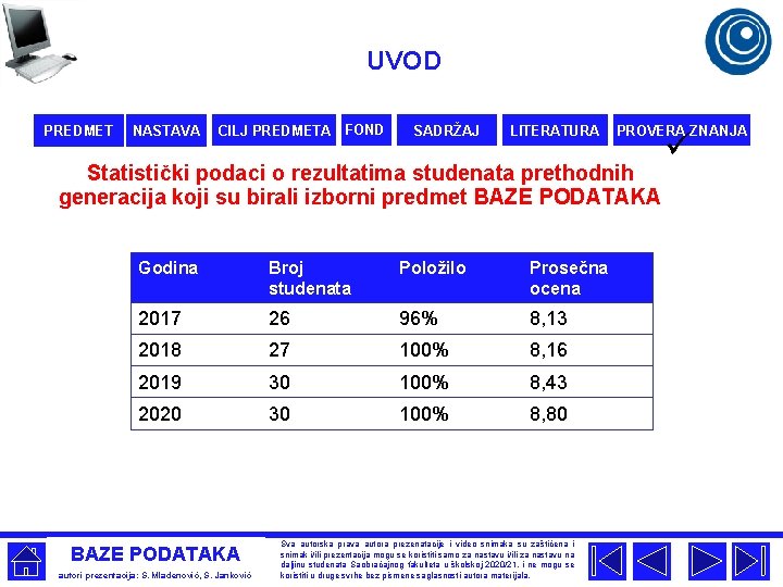 UVOD PREDMET NASTAVA CILJ PREDMETA FOND SADRŽAJ LITERATURA PROVERA ZNANJA Statistički podaci o rezultatima