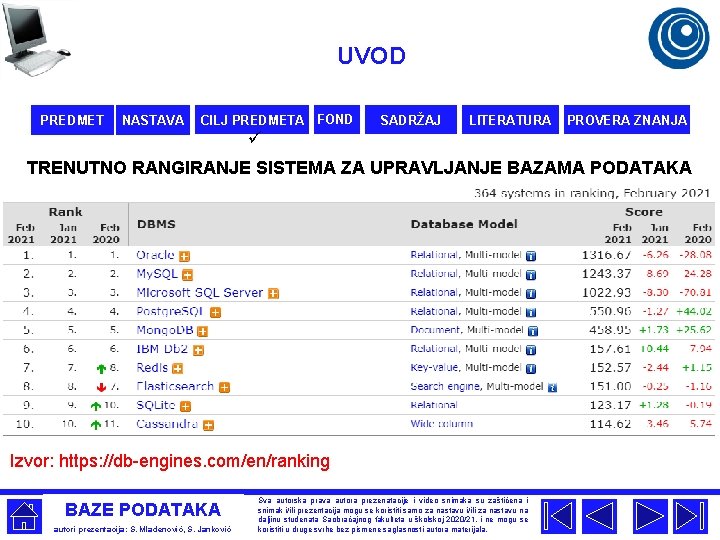 UVOD PREDMET NASTAVA CILJ PREDMETA FOND SADRŽAJ LITERATURA PROVERA ZNANJA ü TRENUTNO RANGIRANJE SISTEMA