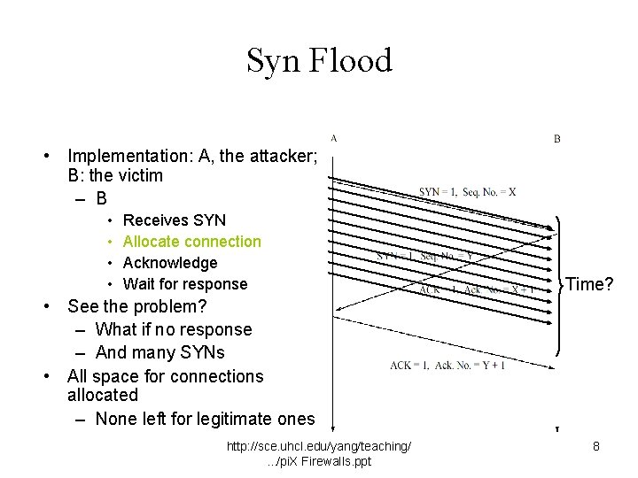 Syn Flood • Implementation: A, the attacker; B: the victim – B • •