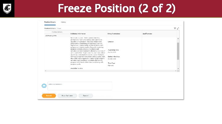 Freeze Position (2 of 2) The screenshot displays the sample position details that will
