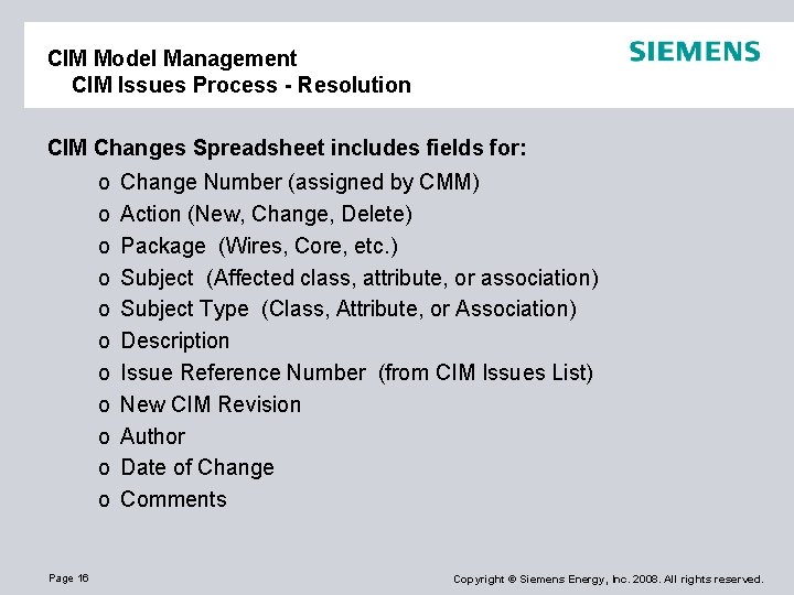 CIM Model Management CIM Issues Process - Resolution CIM Changes Spreadsheet includes fields for: