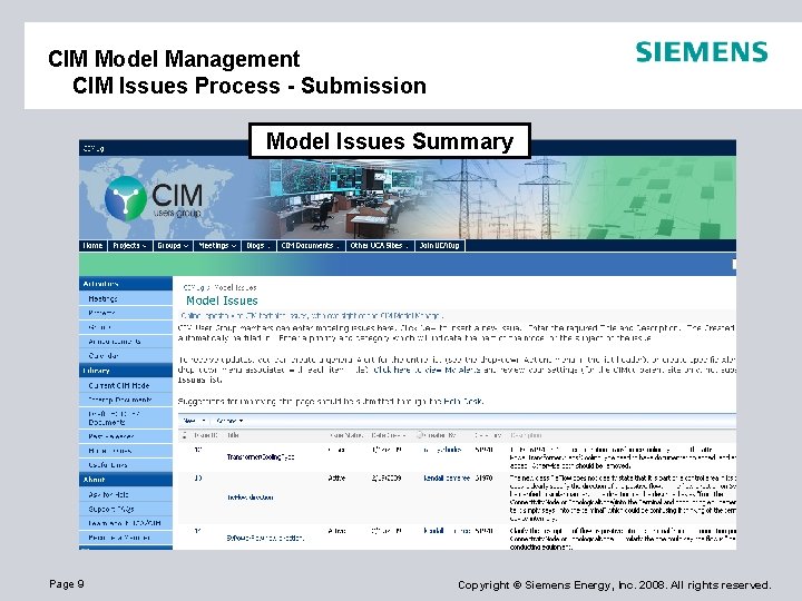CIM Model Management CIM Issues Process - Submission Model Issues Summary Page 9 Copyright