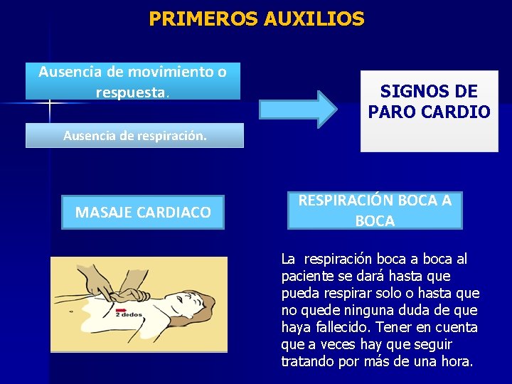 PRIMEROS AUXILIOS Ausencia de movimiento o respuesta. SIGNOS DE PARO CARDIO Ausencia de respiración.