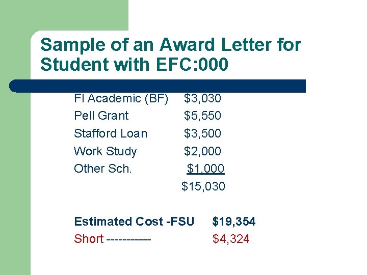 Sample of an Award Letter for Student with EFC: 000 Fl Academic (BF) Pell