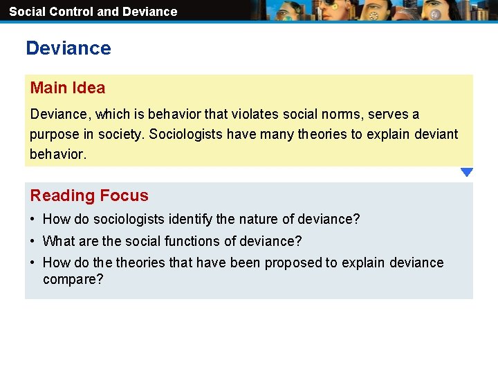 Social Control and Deviance Main Idea Deviance, which is behavior that violates social norms,