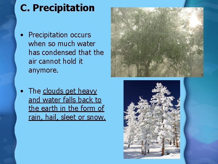 C. Precipitation • Precipitation occurs when so much water has condensed that the air