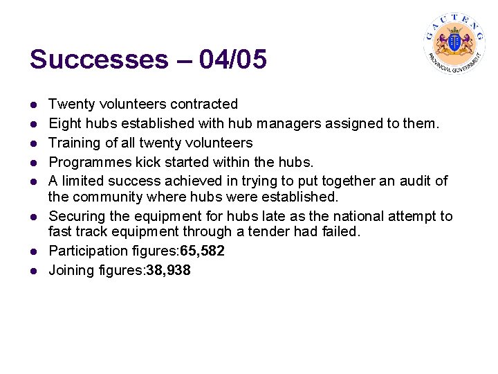 Successes – 04/05 l l l l Twenty volunteers contracted Eight hubs established with