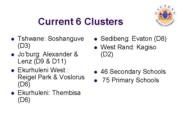 Current 6 Clusters l l Tshwane: Soshanguve (D 3) Jo’burg: Alexander & Lenz (D