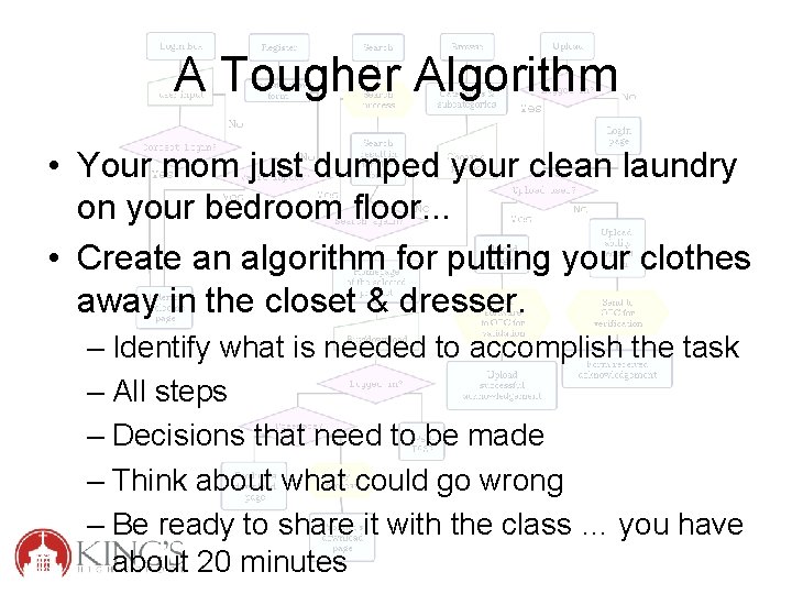 A Tougher Algorithm • Your mom just dumped your clean laundry on your bedroom