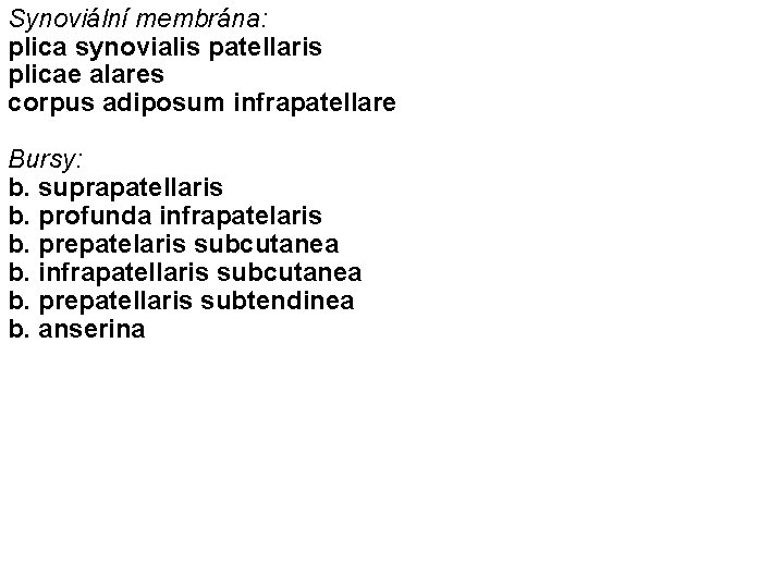 Synoviální membrána: plica synovialis patellaris plicae alares corpus adiposum infrapatellare Bursy: b. suprapatellaris b.