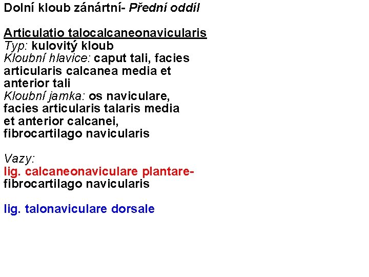 Dolní kloub zánártní- Přední oddíl Articulatio talocalcaneonavicularis Typ: kulovitý kloub Kloubní hlavice: caput tali,