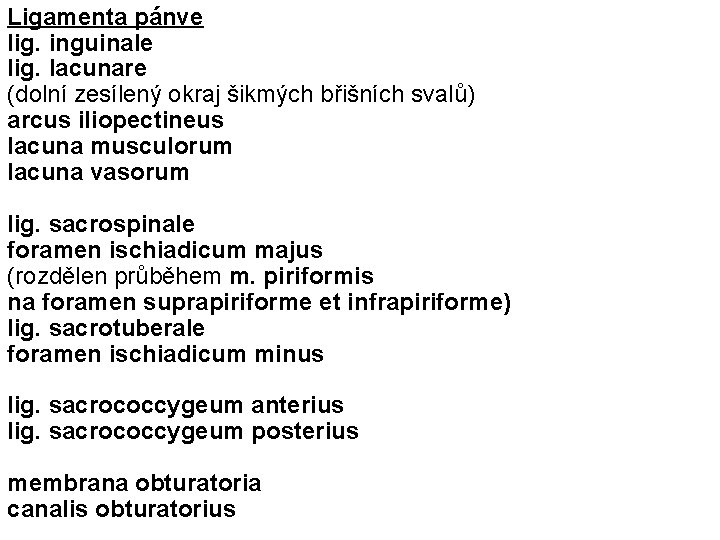 Ligamenta pánve lig. inguinale lig. lacunare (dolní zesílený okraj šikmých břišních svalů) arcus iliopectineus