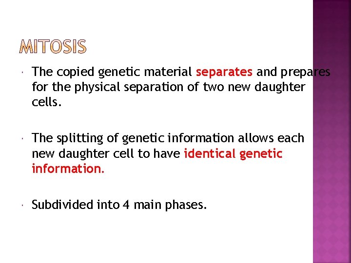  The copied genetic material separates and prepares for the physical separation of two