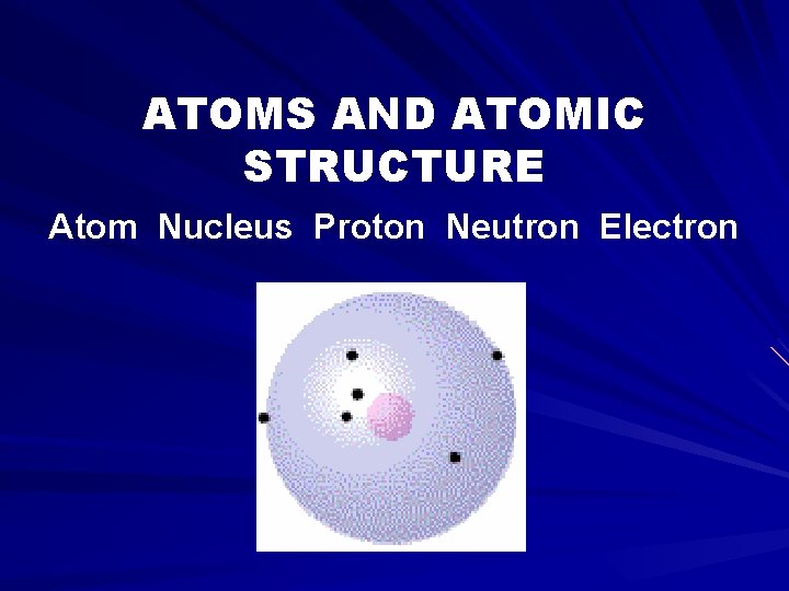 ATOMS AND ATOMIC STRUCTURE Atom Nucleus Proton Neutron Electron 