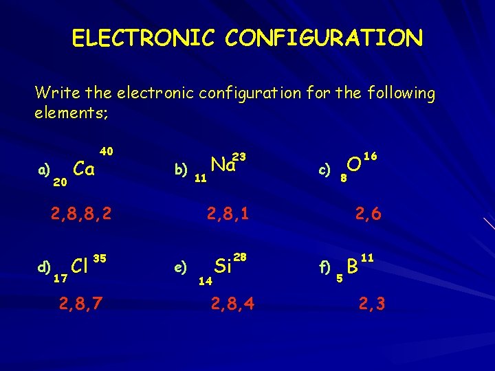 ELECTRONIC CONFIGURATION Write the electronic configuration for the following elements; a) 20 Ca 40