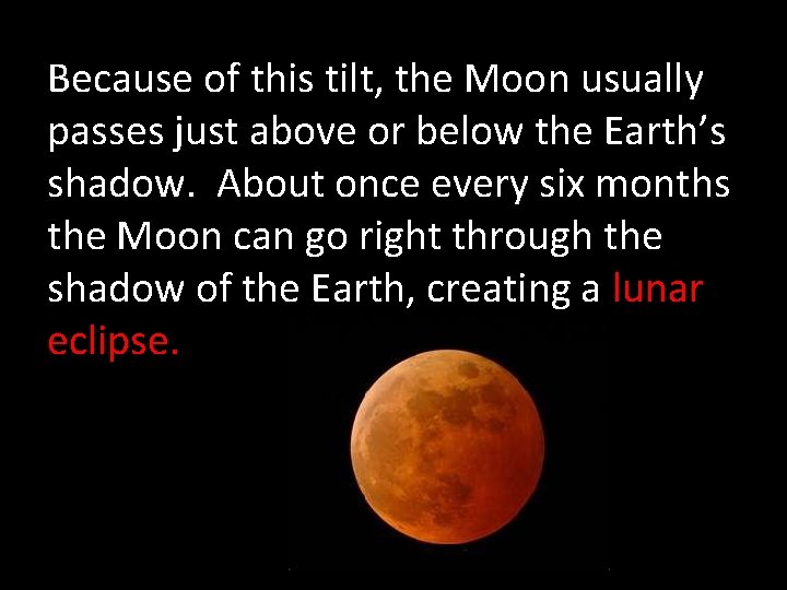 Because of this tilt, the Moon usually passes just above or below the Earth’s Because of this tilt, the Moon usually passes just above or below the Earth’s