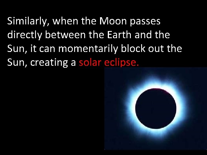 Similarly, when the Moon passes directly between the Earth and the Sun, it can Similarly, when the Moon passes directly between the Earth and the Sun, it can