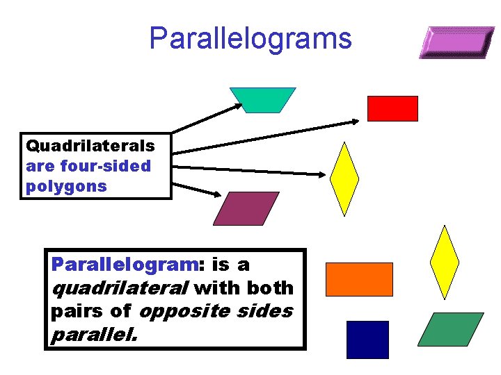 Parallelograms Quadrilaterals are four-sided polygons Parallelogram: is a quadrilateral with both pairs of opposite