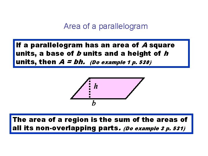 Area of a parallelogram If a parallelogram has an area of A square units,
