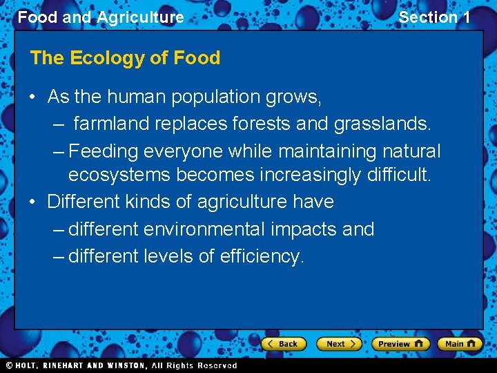 Food and Agriculture Section 1 The Ecology of Food • As the human population