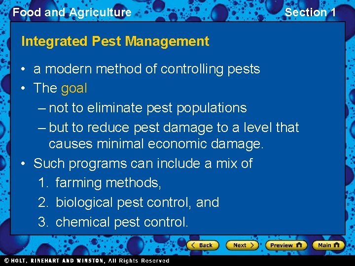 Food and Agriculture Section 1 Integrated Pest Management • a modern method of controlling