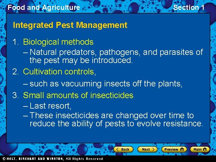 Food and Agriculture Section 1 Integrated Pest Management 1. Biological methods – Natural predators,