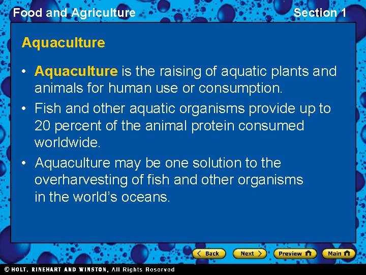 Food and Agriculture Section 1 Aquaculture • Aquaculture is the raising of aquatic plants
