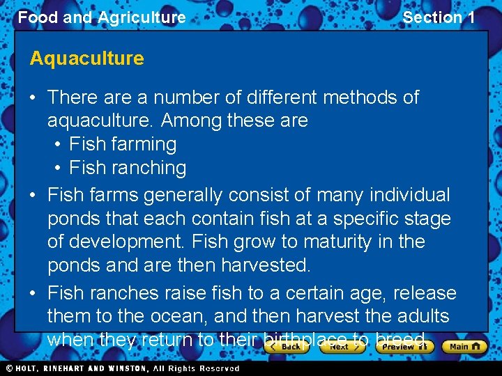 Food and Agriculture Section 1 Aquaculture • There a number of different methods of