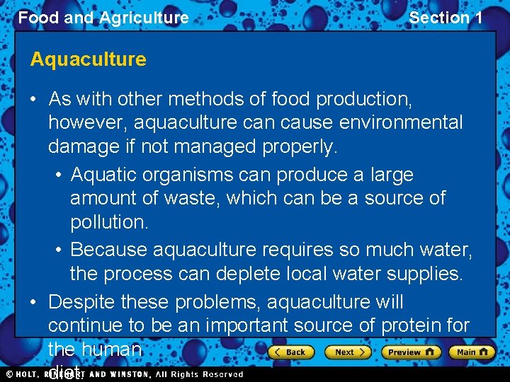 Food and Agriculture Section 1 Aquaculture • As with other methods of food production,