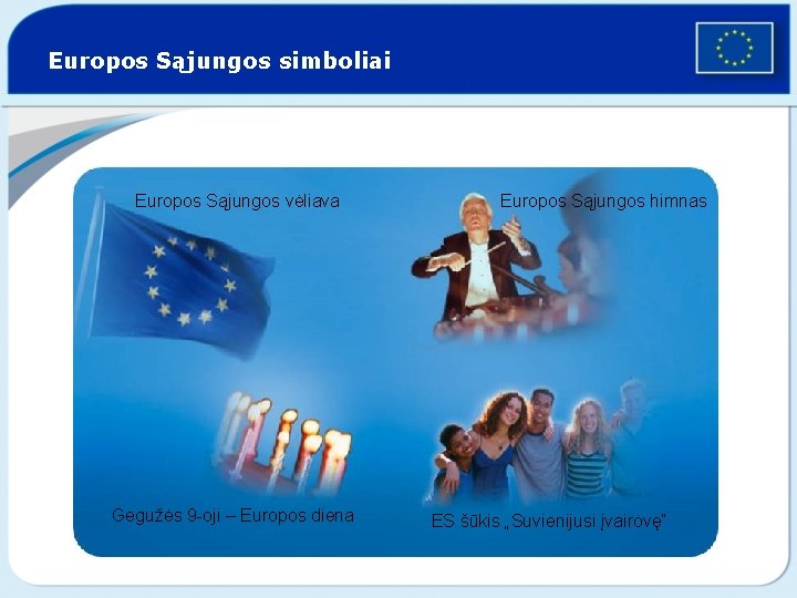 Europos Sąjungos simboliai Europos Sąjungos vėliava Gegužės 9 -oji – Europos diena Europos Sąjungos