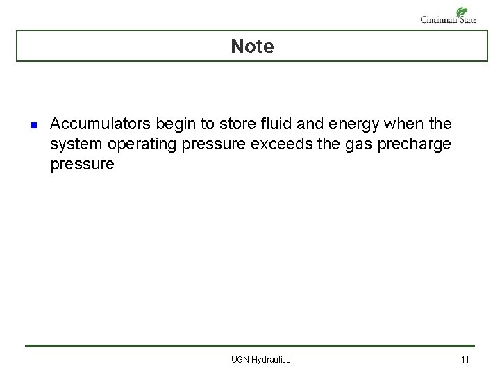 Note n Accumulators begin to store fluid and energy when the system operating pressure