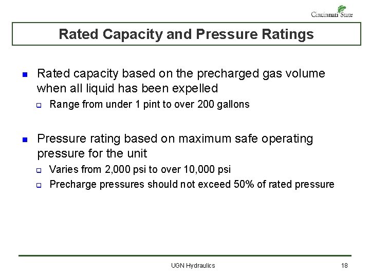 Rated Capacity and Pressure Ratings n Rated capacity based on the precharged gas volume