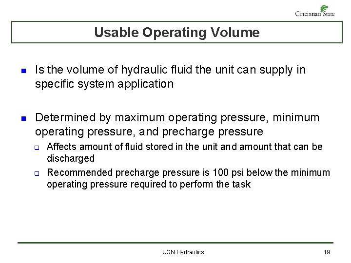 Usable Operating Volume n Is the volume of hydraulic fluid the unit can supply