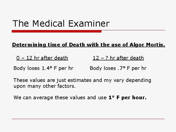 The Medical Examiner Determining time of Death with the use of Algor Mortis. 0
