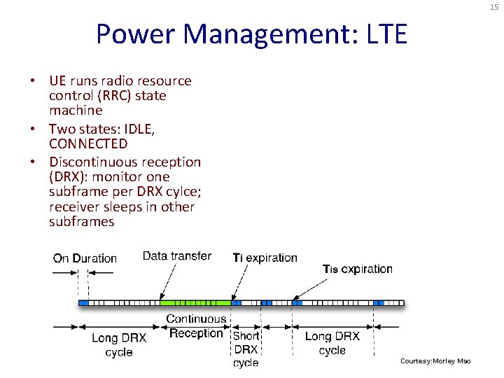 15 Power Management: LTE • UE runs radio resource control (RRC) state machine •