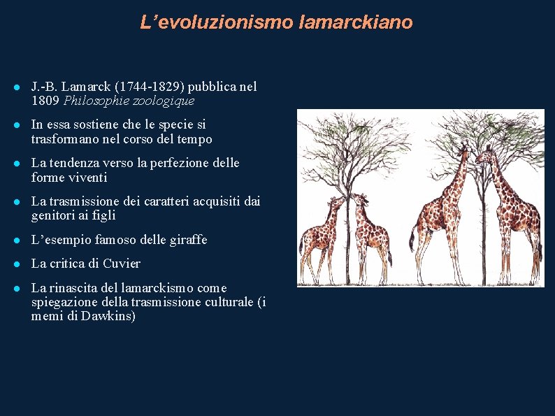 L’evoluzionismo lamarckiano J. -B. Lamarck (1744 -1829) pubblica nel 1809 Philosophie zoologique In essa
