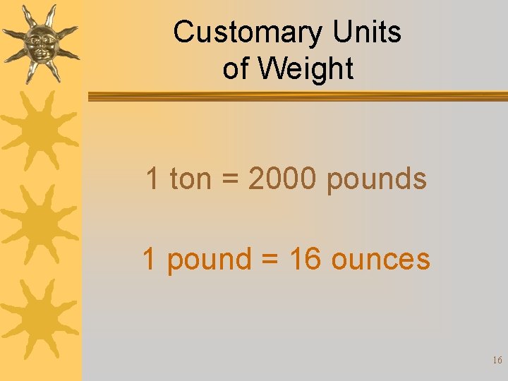 Customary Units of Weight 1 ton = 2000 pounds 1 pound = 16 ounces