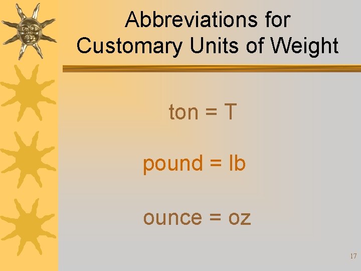 Abbreviations for Customary Units of Weight ton = T pound = lb ounce =