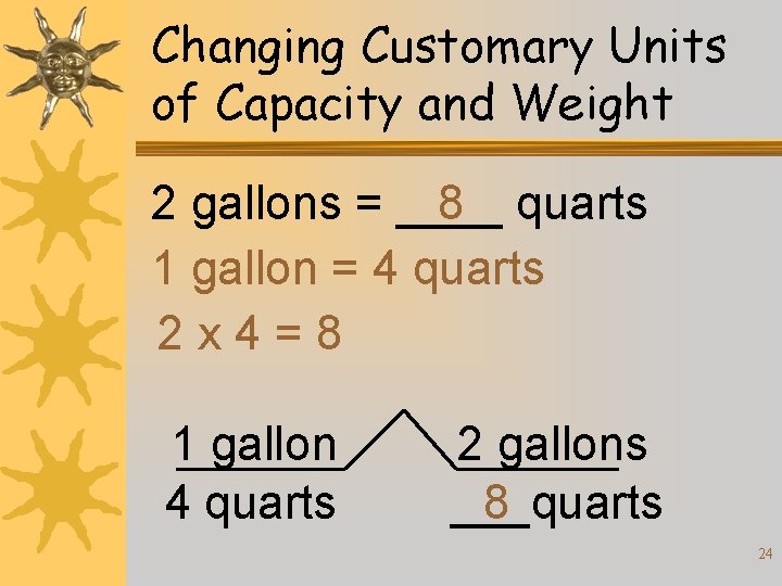 Changing Customary Units of Capacity and Weight 2 gallons = ____ 8 quarts 1