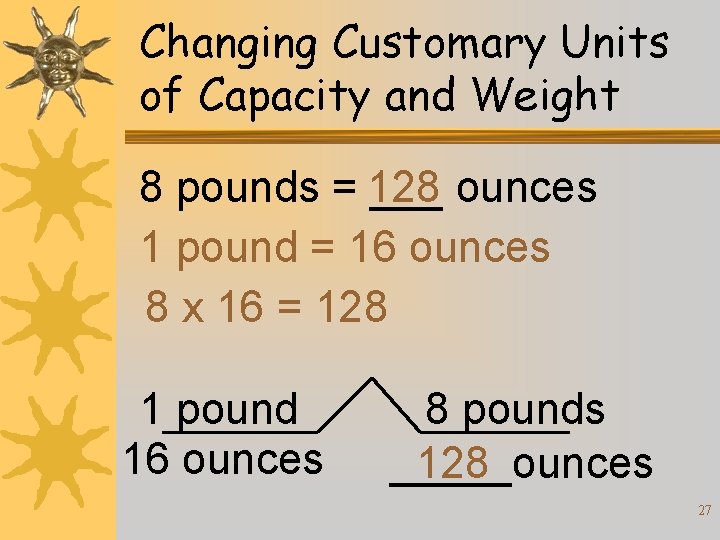 Changing Customary Units of Capacity and Weight 8 pounds = 128 ___ ounces 1