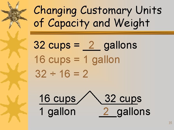 Changing Customary Units of Capacity and Weight 32 cups = ___ 2 gallons 16