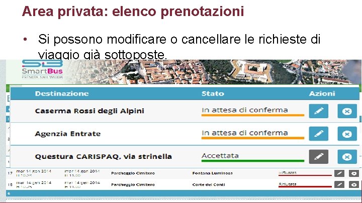 Area privata: elenco prenotazioni • Si possono modificare o cancellare le richieste di viaggio