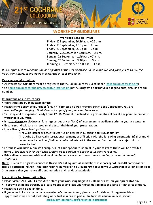 WORKSHOP GUIDELINES Workshop Session Times: Friday, 20 September, 10: 30 a. m. – 12