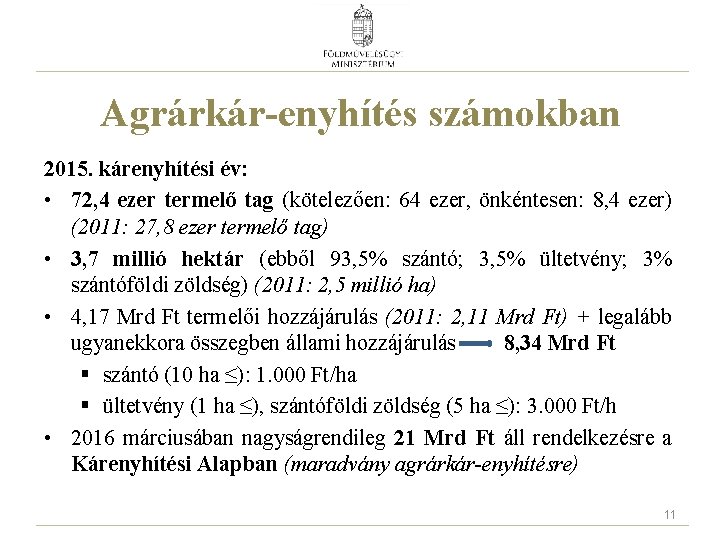 Agrárkár-enyhítés számokban 2015. kárenyhítési év: • 72, 4 ezer termelő tag (kötelezően: 64 ezer,