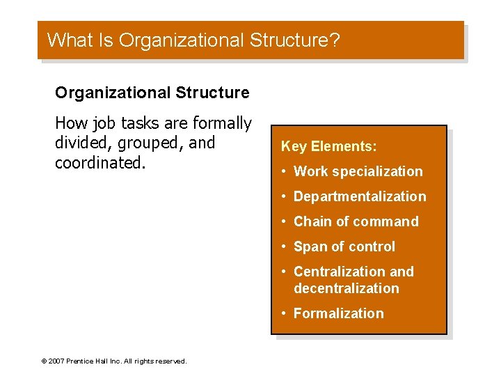What Is Organizational Structure? Organizational Structure How job tasks are formally divided, grouped, and