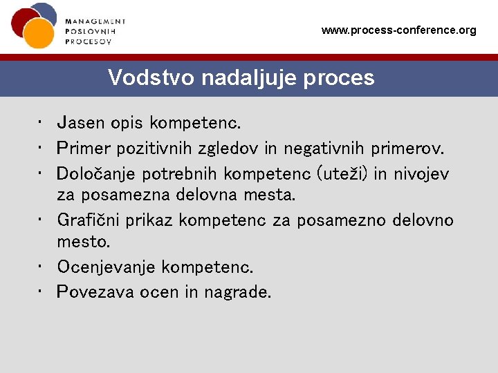 www. process-conference. org Vodstvo nadaljuje proces • Jasen opis kompetenc. • Primer pozitivnih zgledov