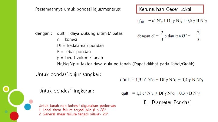 Keruntuhan Geser Lokal Untuk pondasi bujur sangkar: Untuk pondasi lingkaran: B= Diameter Pondasi 