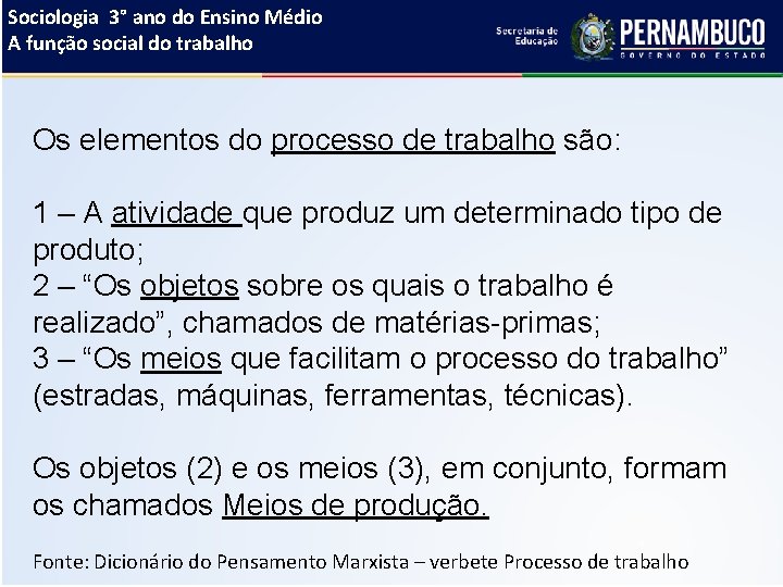 Sociologia 3° ano do Ensino Médio A função social do trabalho Os elementos do