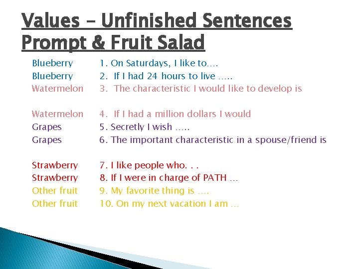 Values – Unfinished Sentences Prompt & Fruit Salad Blueberry Watermelon 1. On Saturdays, I