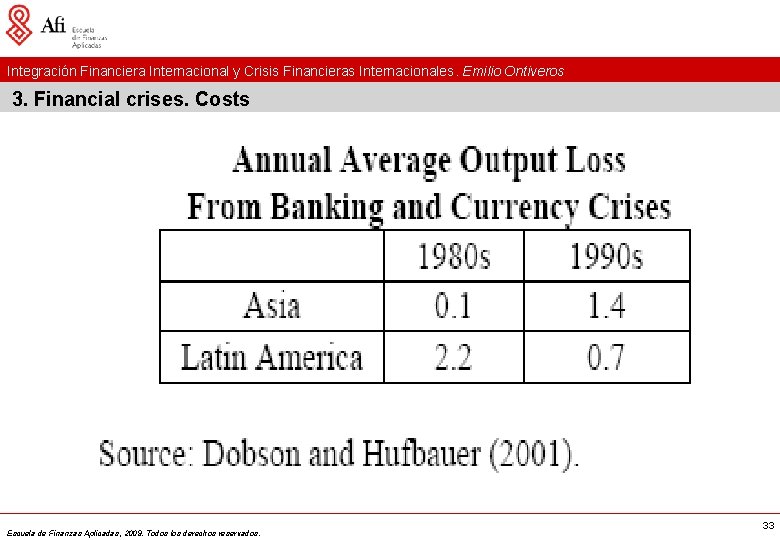 Integración Financiera Internacional y Crisis Financieras Internacionales. Emilio Ontiveros 3. Financial crises. Costs Escuela